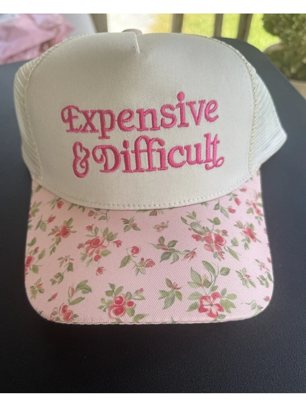 “Expensive & Difficult” Women’s Floral Trucker Hat Ivory Pink Embroidered Mesh
